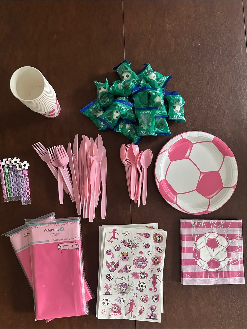 Pink Soccer Party Tableware Set - Cups, Plates, Napkins & Utensils